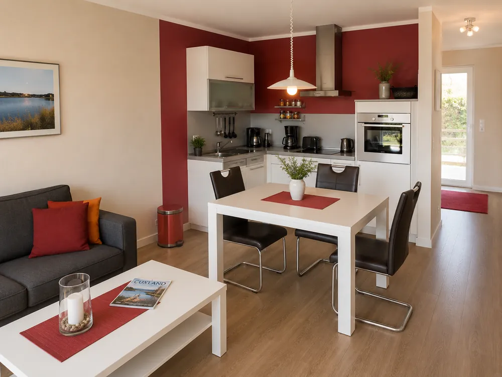 Wohnküche mit Essplatz für vier Personen in der Ferienwohnung „Rot“