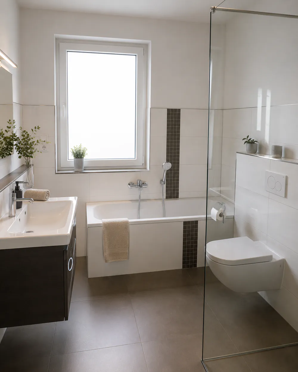 Badezimmer mit Badewanne, Dusche und Waschtisch in der Ferienwohnung „Beige“