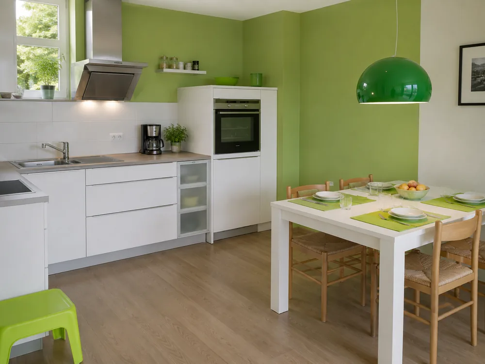 Wohnküche mit Essplatz in der Ferienwohnung „Grün“