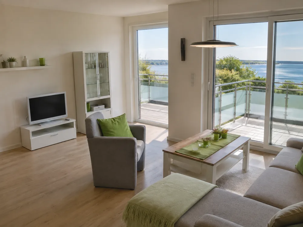 Wohnzimmer der Ferienwohnung „Grün“ mit Balkontür und Blick auf den Bederkesaer See