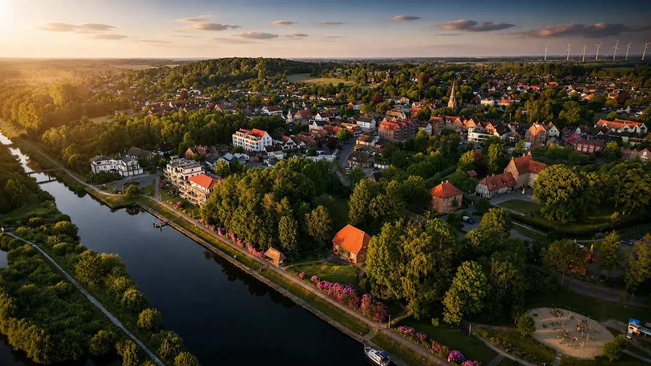 Luftbild von Bad Bederkesa mit Bederkesaer See, Grünflächen und Ortskern im Abendlicht