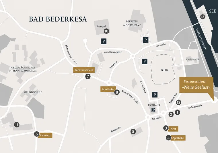 Ortsplan von Bad Bederkesa mit nummerierten Gastronomie- und Einkaufsadressen sowie der Ferienresidenz Neue Seelust an der Seebeckstraße