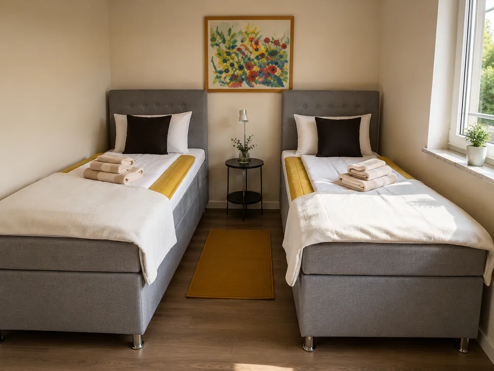 Zweites Schlafzimmer mit zwei Einzelbetten in der Ferienwohnung „Beige“