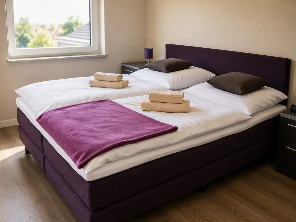 Schlafzimmer mit hochwertigem Boxspringbett in der Ferienwohnung „Beige“