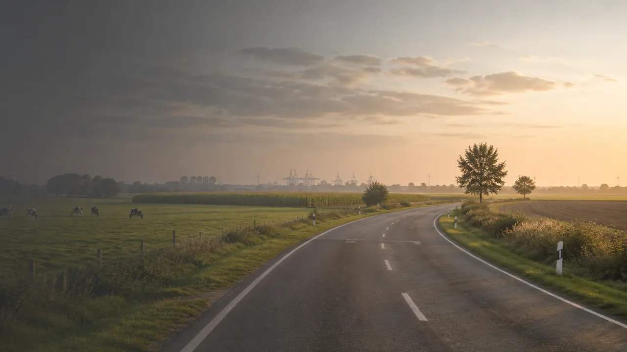 Landstraße im Cuxland bei Sonnenuntergang auf dem Weg nach Bad Bederkesa