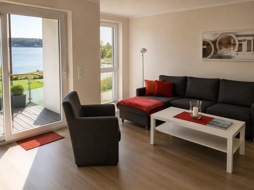 Großes Wohnzimmer mit Sofa und Seeblick in der Ferienwohnung „Rot“