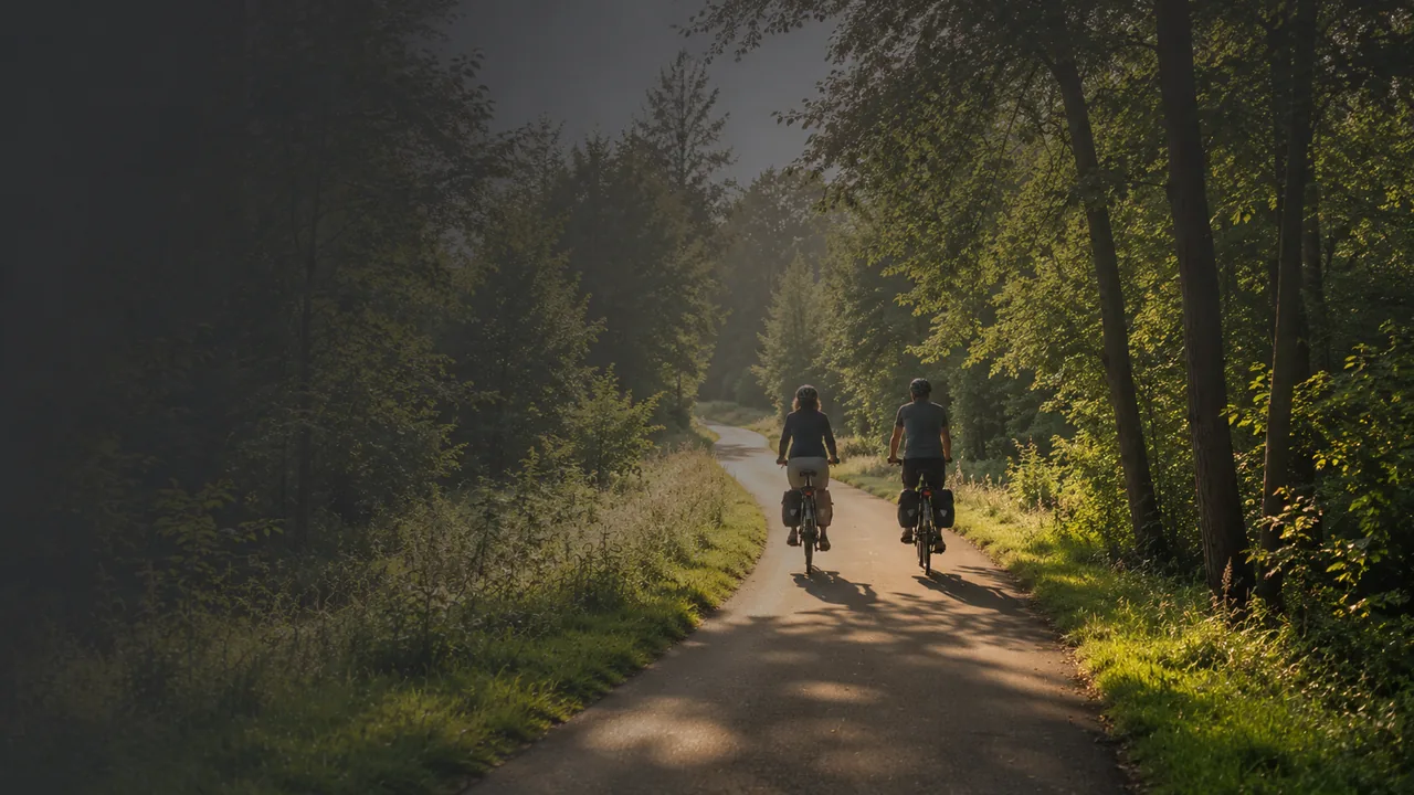 Radfahrer auf einem sonnigen Waldweg im Cuxland bei Bad Bederkesa